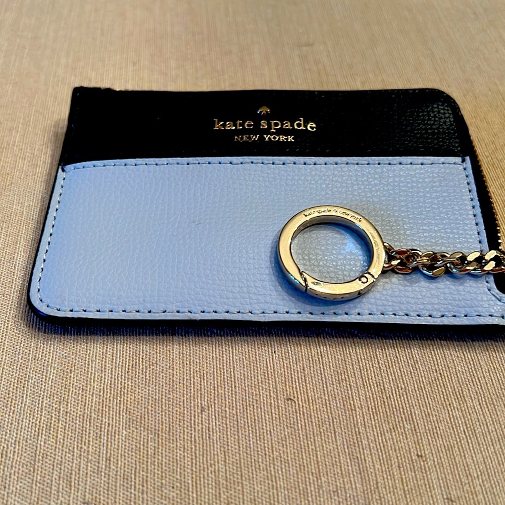 Navy and light blue Kate Spade leather card holder with key chain